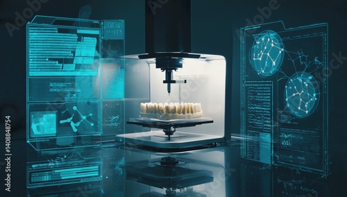 Futuristic 3D printer creating dental implants surrounded by digital holographic data, symbolizing innovation in dentistry, advanced medical technology, precision manufacturing, and healthcare AI.