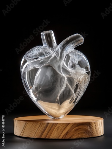 A clear glass sculpture of a heart on a wooden platform