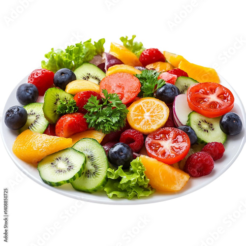 Fresh fruit and vegetable salad plate isolated [Transparent Background PNG] 
