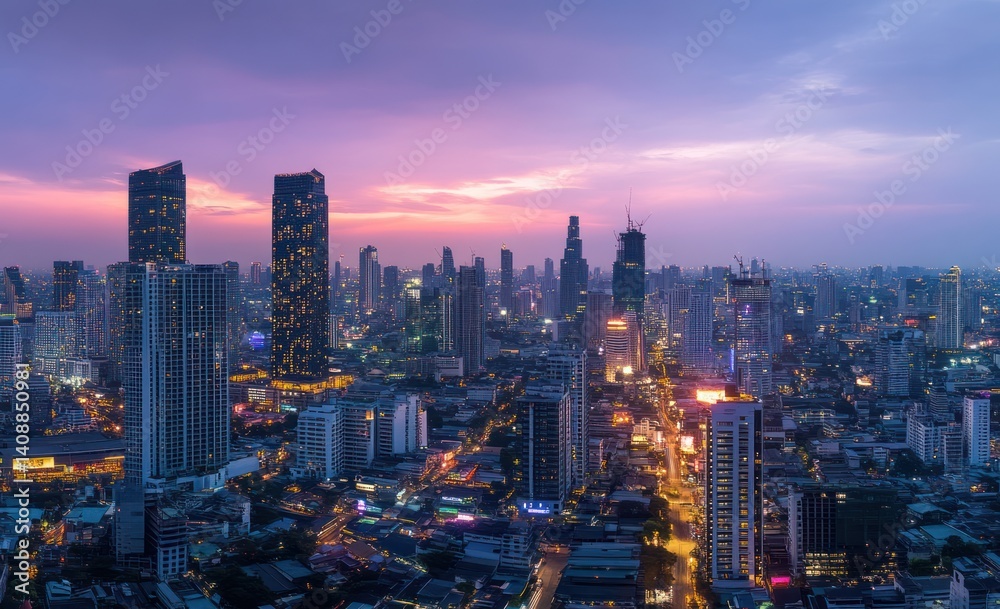 Fototapeta premium Bangkok Twilight Skyline: A Panoramic View of Urban Majesty at Dusk