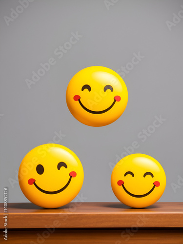 Smiley emojis happy smile beaming faces. Icon emoticons jovial considerate client communication. Interpersonal warmth touch solace symbolized Customer Assistance conversational star face expressions.