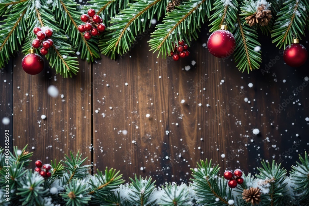 Fir branches with snowfall on wooden background in festive atmosphere, newyear, fir Fir branches with snowfall on wooden background in festive atmosphere, newyear, fir