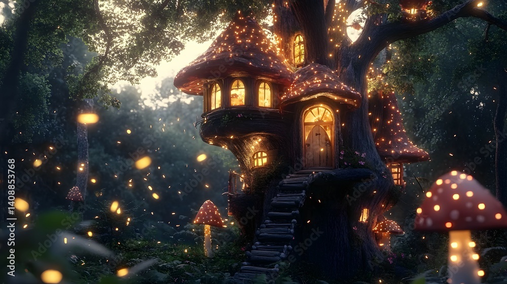Obraz premium Enchanted Fantasy Treehouse with Glowing Windows in Forest, Fairytale Lighting & Mushrooms