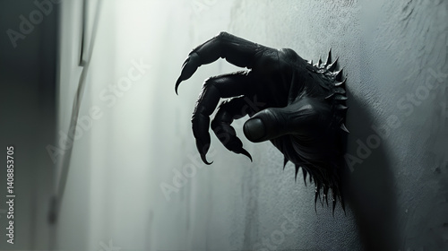 A creepy, eerie monster's hand reaches around the corner towards the camera gripping the wall . Horror monster movie, creepy, eerie, demonic