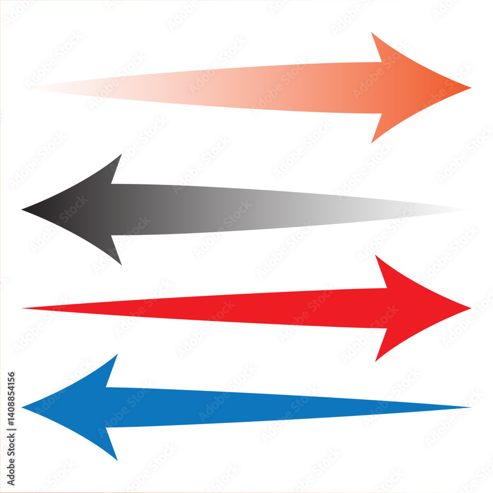 Modern gradient arrows in sleek style, pointing both left and right in various colors: orange, black, red, and blue. Ideal for business infographics, marketing designs, or creative presentations.