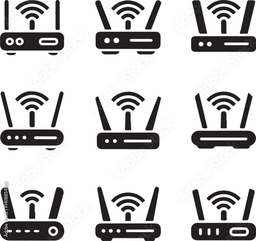 set of icons, set of wireless router icons in silhouette vector style with a white background