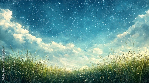 The starry sky and the grassland are beautiful and dreamy