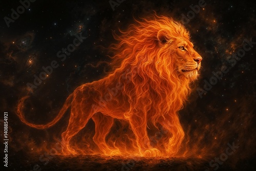 a lion made of fire walking in the cosmos