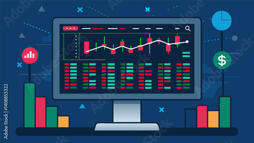 A stock market ticker scrolling continuously across a large digital screen providing realtime updates on stock prices to traders and analysts.. Vector illustration