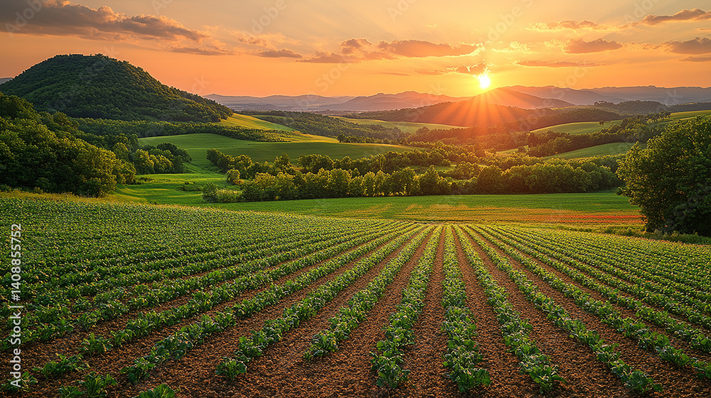 Obraz premium Sunset over rural hillside farm with lush green rows of crops.