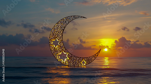Laser-cut crescent moon and star with sunset in the background