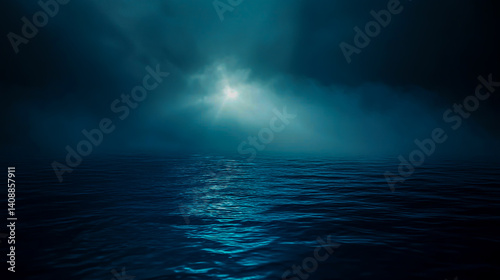 Sunlight Piercing Through Mist Over Mysterious Deep Ocean Waters