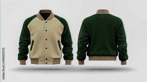 Baseball Jacket Mockup Green Beige Long Sleeves Isolated White Background