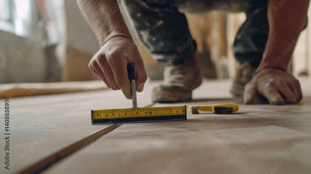 A construction worker measuring the level of a floor with a spirit level. Featuring accuracy and detail A construction worker measuring the level of a floor with a spirit level. Featuring accuracy and detail