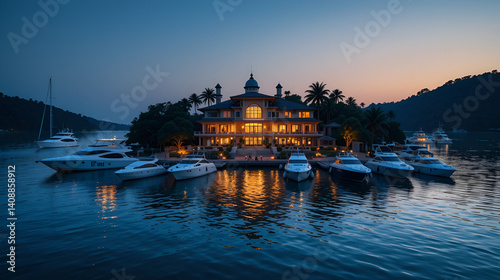 Luxury boats anchored near an island mansion at dusk, reflecting lights. scene of serene affluence and tranquility