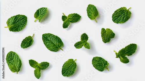 Fresh Mint Leaves Flat Lay Isolated on White Background, Top View