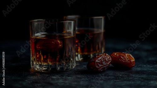 Traditional Arabian dates and tea served in glass cups on dark table