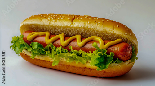 Delicious hot dog with mustard, lettuce, and tomato on white background