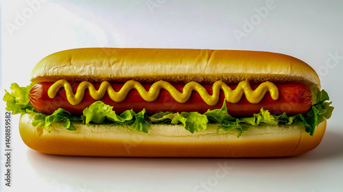 Delicious hot dog with mustard, lettuce, and tomato on white background