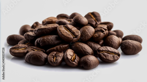 Pile of roasted coffee beans on white background with clipping path