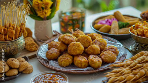 Ramadan food with cookies on white table, decorated for celebration