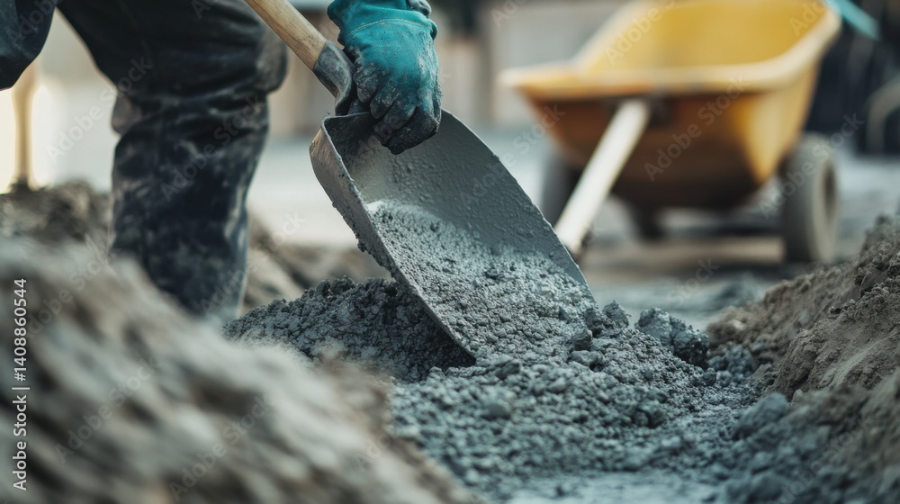 Naklejka premium A construction worker mixing cement at a job site. Featuring focus and expertise