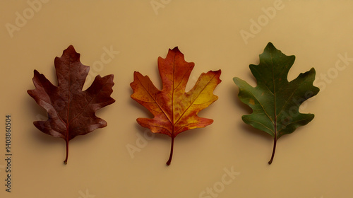 Three Oak Leaves in Different Colors on Beige Background, Top View