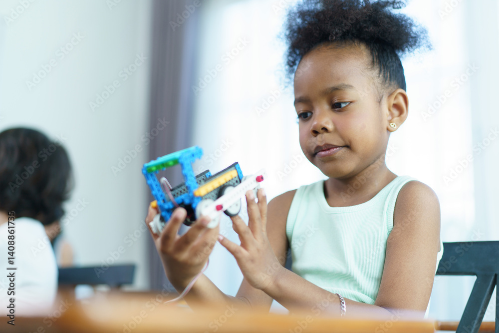 Fototapeta premium Group of diverse children enjoy learning about the STEM.