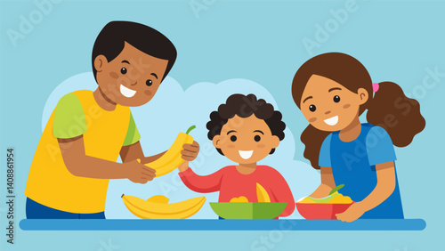 Children carefully peeling plantains with their parents guidance eager to help make the dish.. Vector illustration