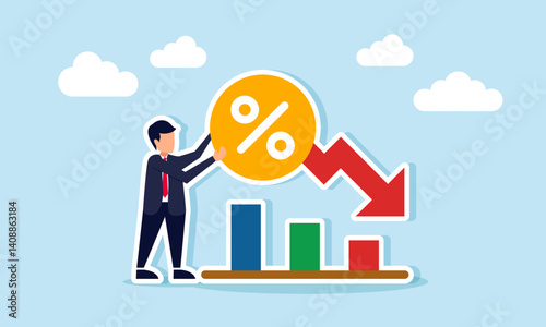 businessman holding a percentage sign with a red downward arrow next to a declining graph, illustration of a business financial performance decline