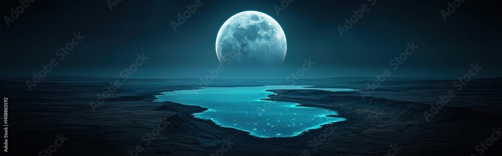 Landscape of alien planet with glowing oceanic and craters concept. A serene landscape featuring a glowing moon over tranquil waters. Landscape of alien planet with glowing oceanic and craters concept. A serene landscape featuring a glowing moon over tranquil waters.