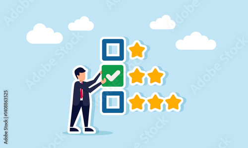businessman giving a check mark to the second star from a list of stars, illustration of evaluating business service and product performance