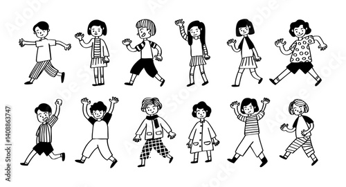set of energetic children hand drawn