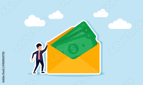 businessman standing next to an envelope full of money, illustration of financial stability in a business company