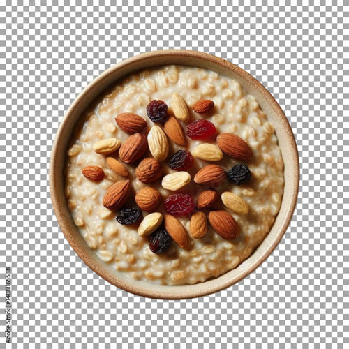 A bowl of oatmeal topped with a variety of nuts and raisins, Nutritious Oatmeal with Almonds and Raisins Topping on transparent background, png, psd
