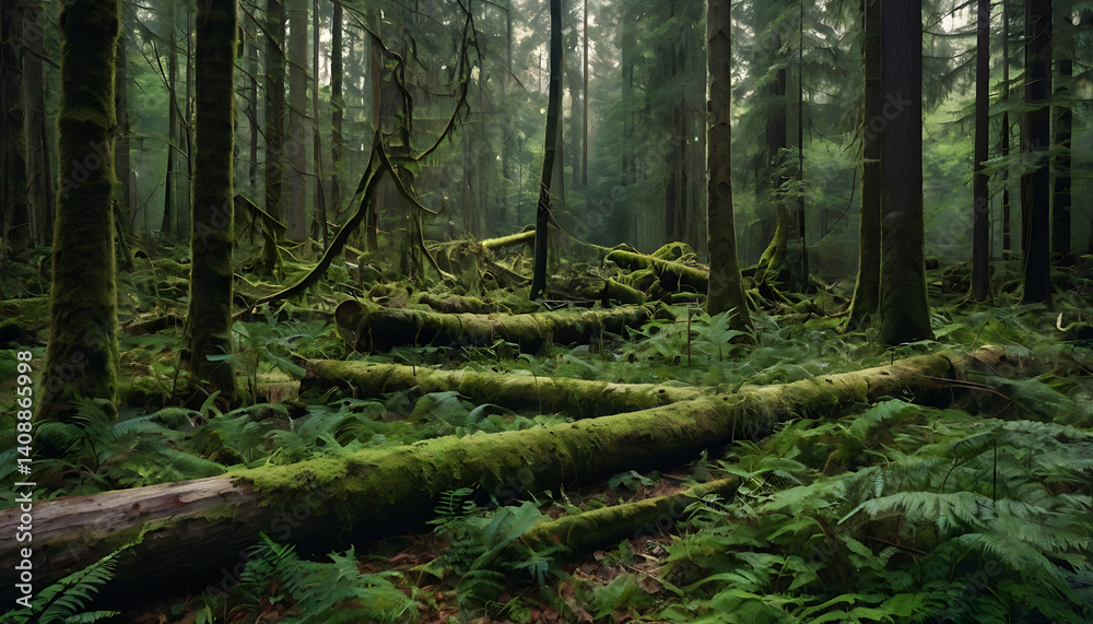 Untamed Wilderness: Lush Forest with Towering Trees and Wild Undergrowth