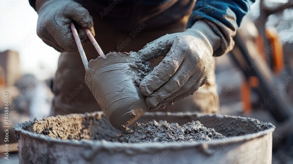 A construction worker mixing mortar for bricklaying. Featuring preparation and consistency