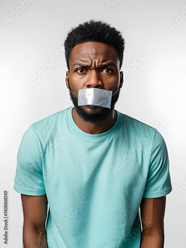 Serious African man with with a sealed mouth with tape looks at the camera sadness, speechless, racism concept, isolated. The guy is angry and annoyed because of the inability to outspeak his opinion