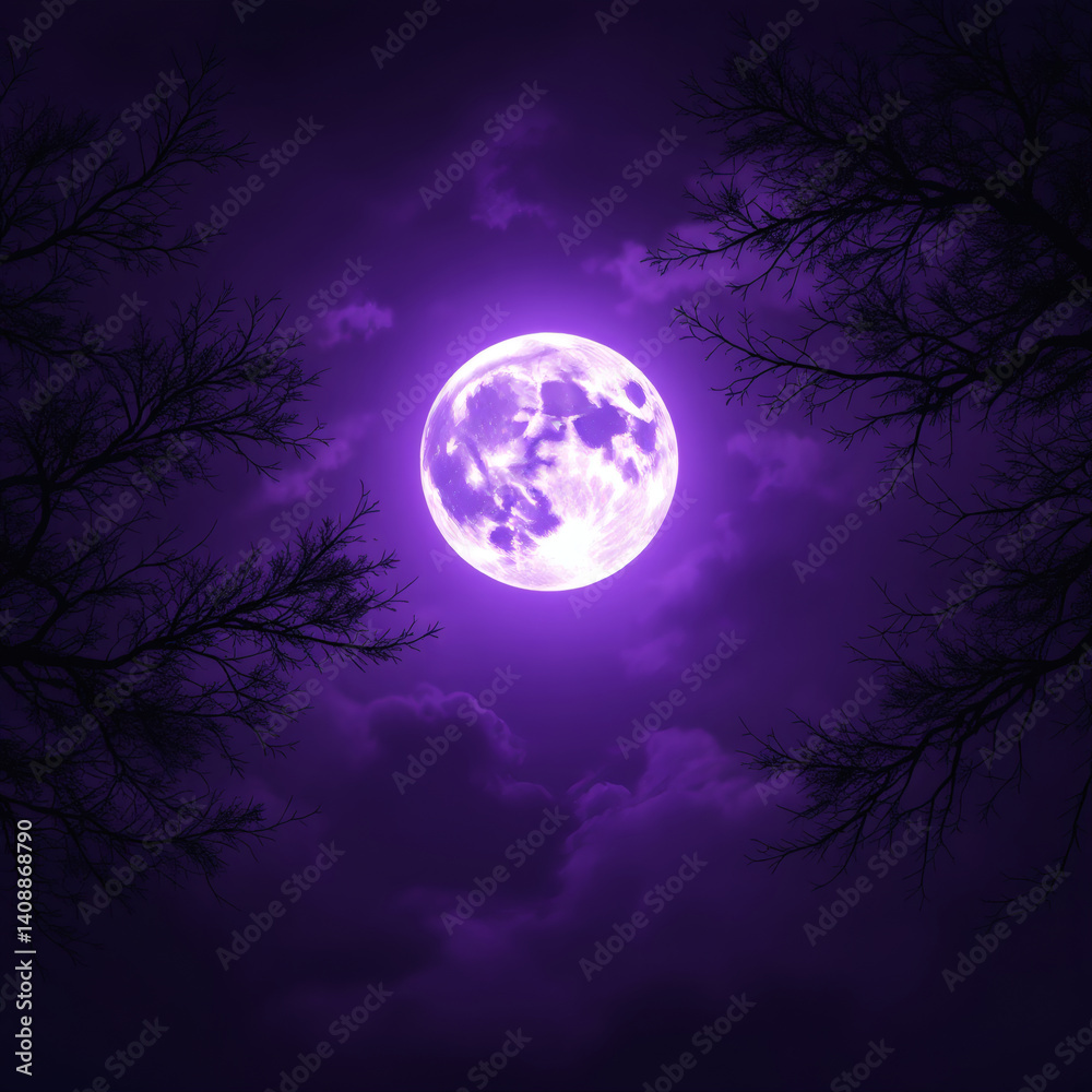 Dramatic Full Moon on Purple Sky with Tree Branch – Artistic Night Photography, Mystical Lunar Scene, Celestial Beauty, Copy Space Dramatic Full Moon on Purple Sky with Tree Branch – Artistic Night Photography, Mystical Lunar Scene, Celestial Beauty, Copy Space
