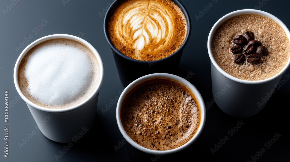 Four cups of coffee with different flavors and toppings Four cups of coffee with different flavors and toppings