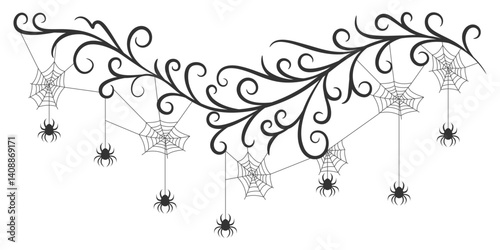 Halloween Spider Web Border with Hanging Spiders and Decorative Vines