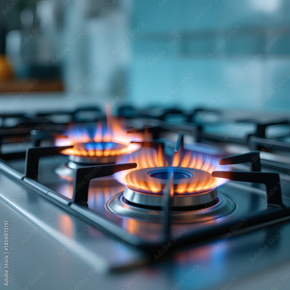 Vibrant Teal Gas Stovetop Burners with Flames in Modern Kitchen, High-Resolution Stock Photo for Cooking, Appliances, and Home Design Vibrant Teal Gas Stovetop Burners with Flames in Modern Kitchen, High-Resolution Stock Photo for Cooking, Appliances, and Home Design