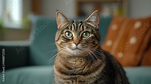 Pet Looking Close-up, A contemplative feline portrait in an intimate setting
