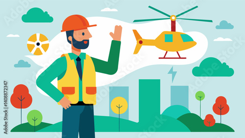 An engineer gives a presentation on the environmental benefits of eVTOLs highlighting their low emissions and noise levels compared to traditional helicopters.. Vector illustration
