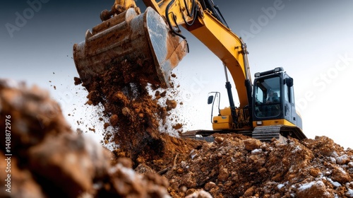 A large yellow excavator is digging into the ground photo