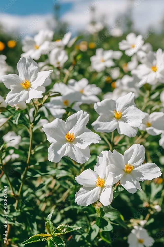 Vibrant White Flowers Blooming in Sunny Garden Vibrant White Flowers Blooming in Sunny Garden