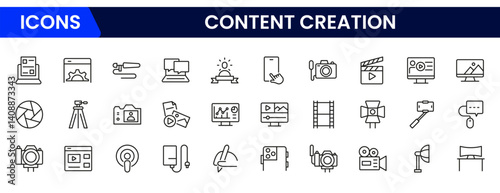 Vector illustration web line icon collection representing content creators—microphone, camera, video editing, social media, influencer tools, streaming, creativity, blogging, branding, and digital