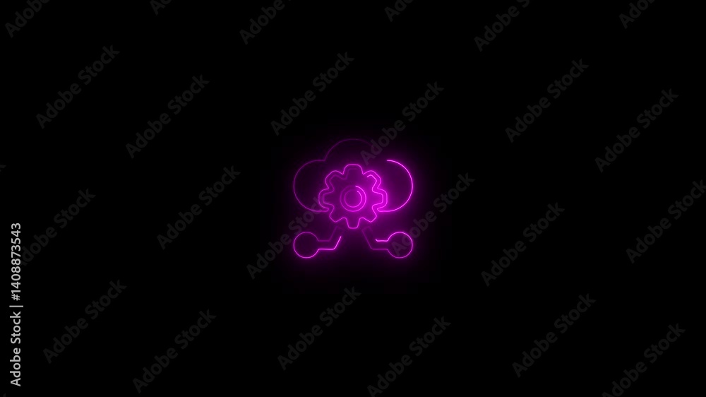 Glowing neon line gear with cloud icon animation on a dark background. Glowing neon line gear with cloud icon animation on a dark background.