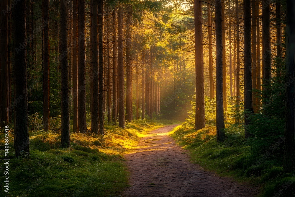 Fototapeta premium Nature Cathedral Sunlight Streaming Through Pine Trees