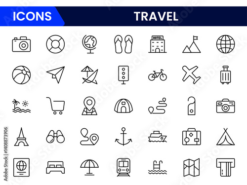 Vector illustration web line icon collection showcasing travel symbols like luggage, airplane, passport, map, globe, destination, and suitcase.